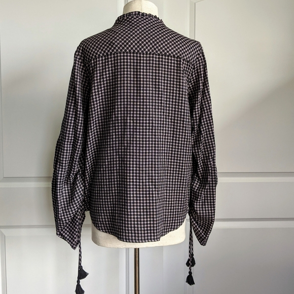 PAIGE Plaid Button Front Split Neck Ruffle Long Sleeve Tassel Black Mauve M NWT - Picture 7 of 14